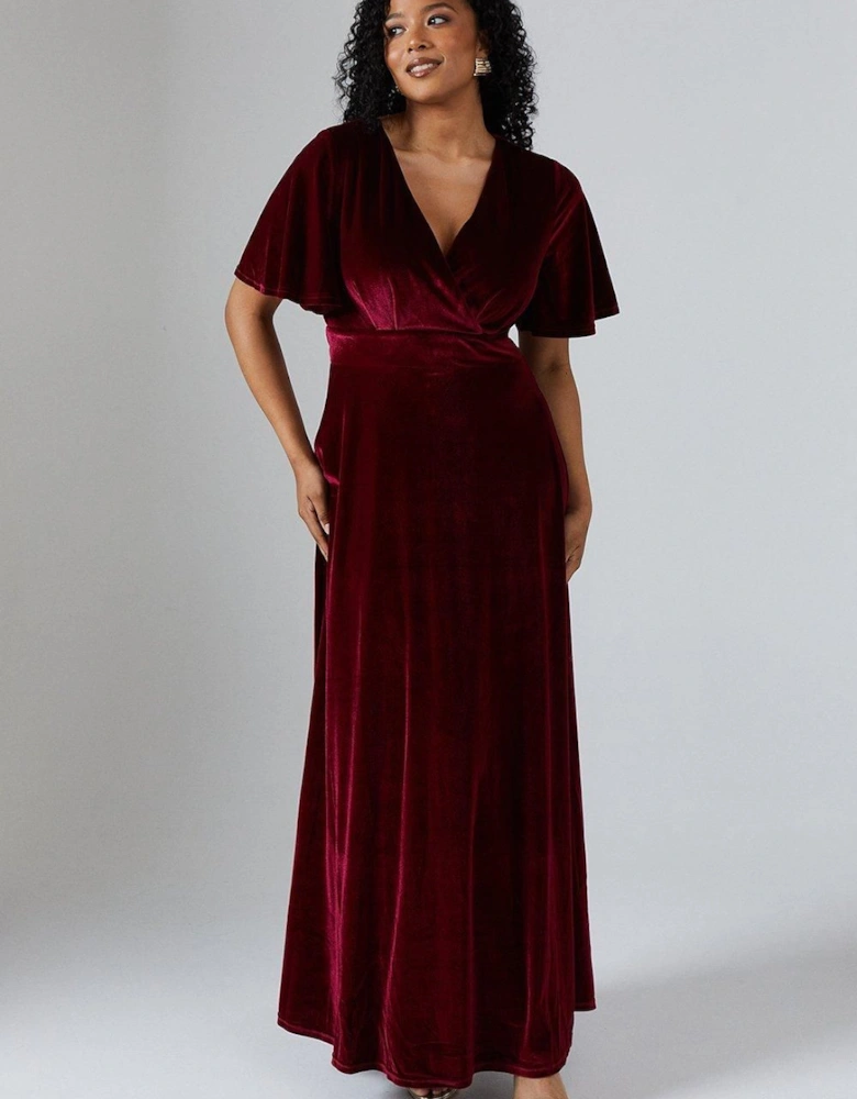 V Neck Angel Sleeve Velvet Bridesmaid Maxi Dress