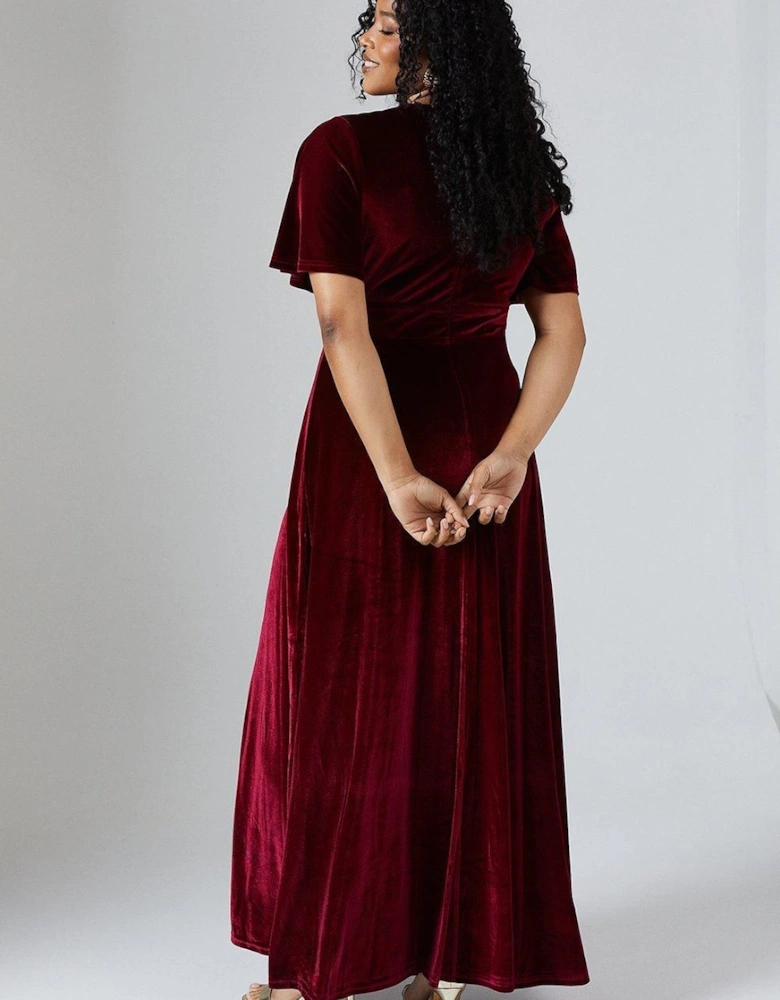 V Neck Angel Sleeve Velvet Bridesmaid Maxi Dress