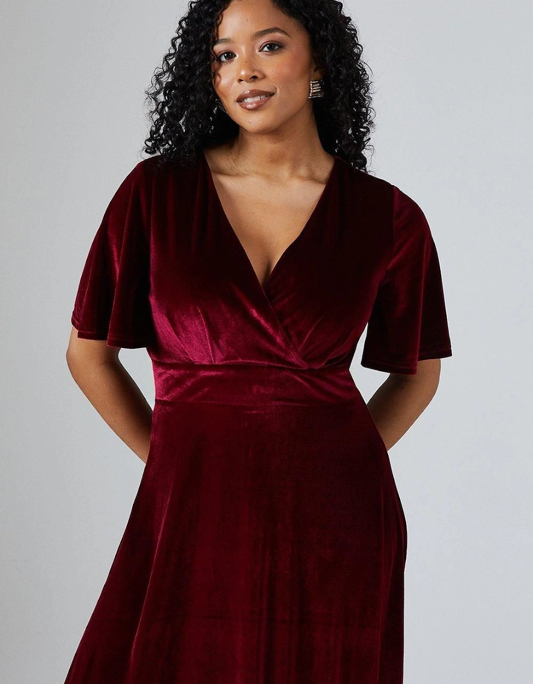 V Neck Angel Sleeve Velvet Bridesmaid Maxi Dress