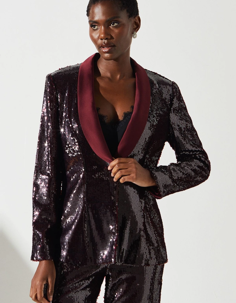 Party Sequin Satin Burgundy Blazer