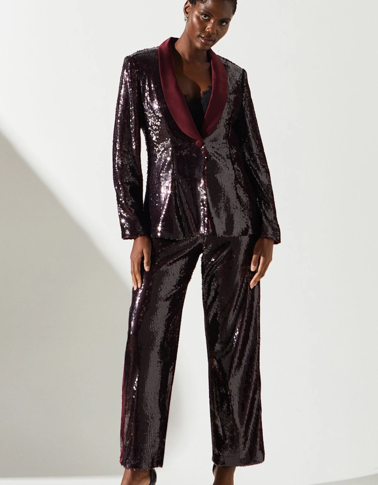 Party Sequin Satin Burgundy Blazer