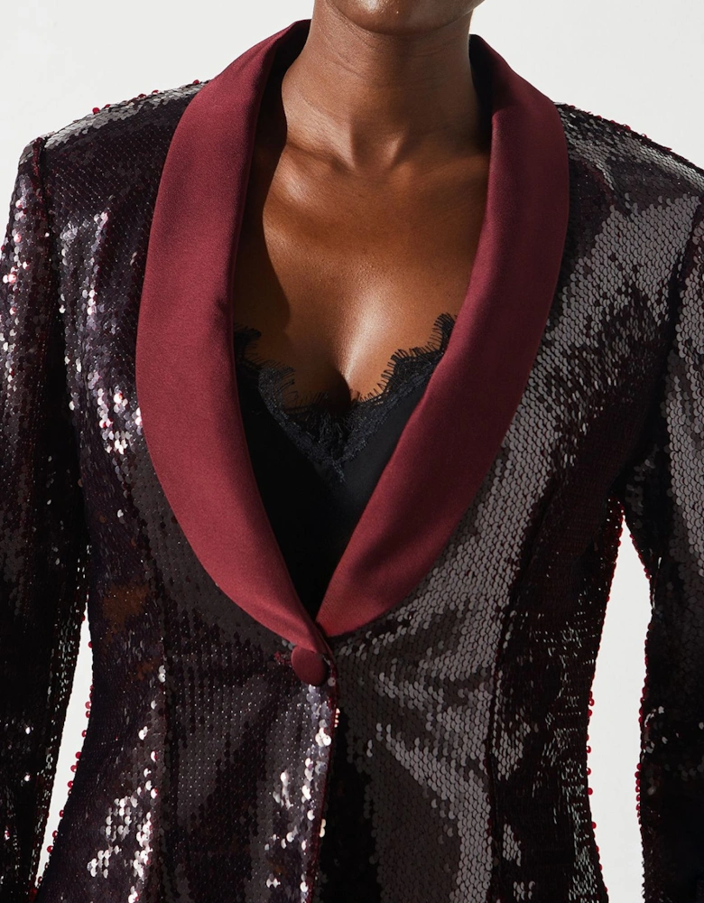 Party Sequin Satin Burgundy Blazer