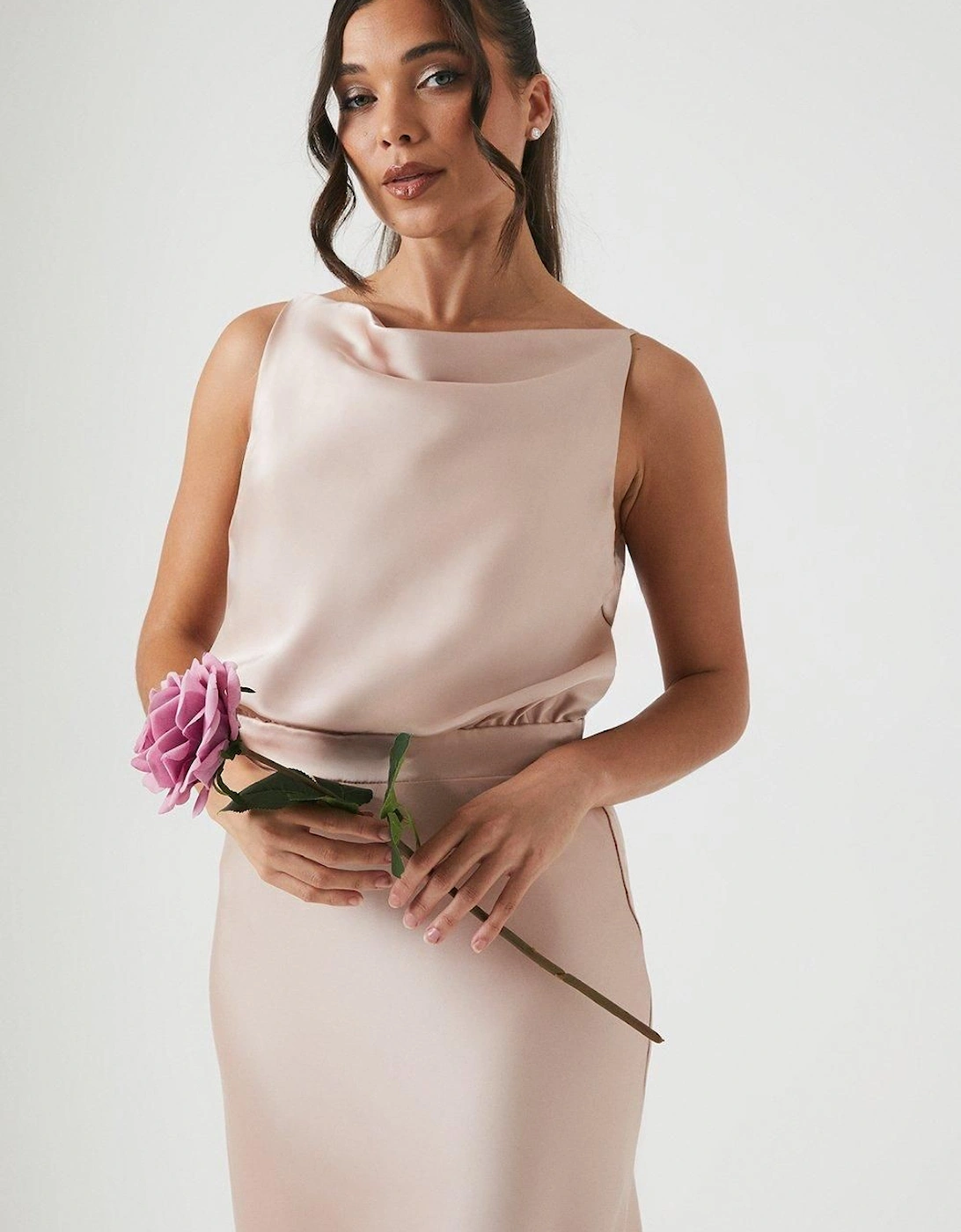 Cowl Neck Blouson Satin Bridesmaids Dress