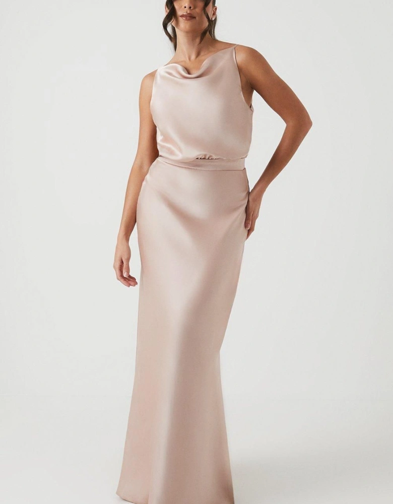 Cowl Neck Blouson Satin Bridesmaids Dress