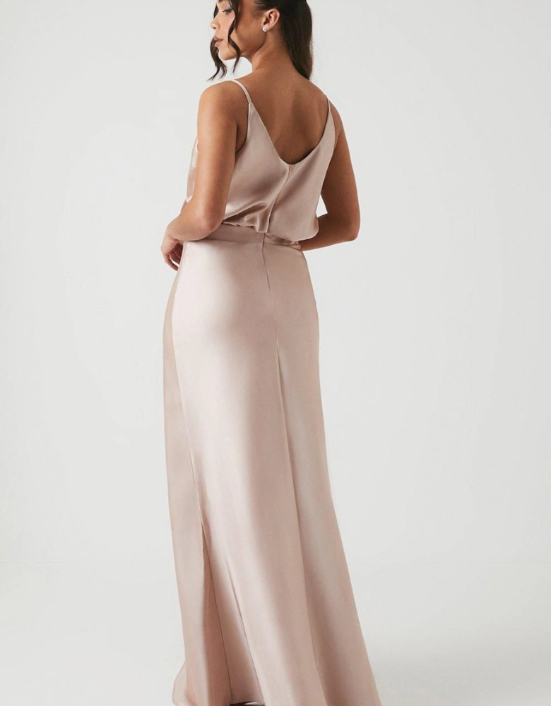 Cowl Neck Blouson Satin Bridesmaids Dress