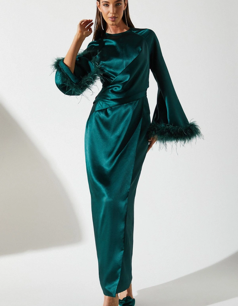 Feather Trim Satin Maxi Dress