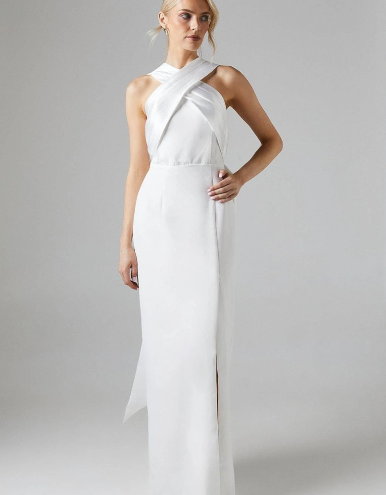 Ivory Twill Cross Over Front Bow Back Bridal Maxi Dress