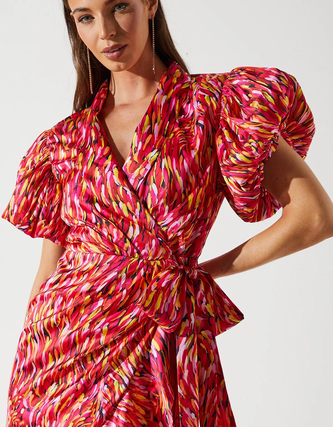 Feather Brushstroke Print Wrap Dress