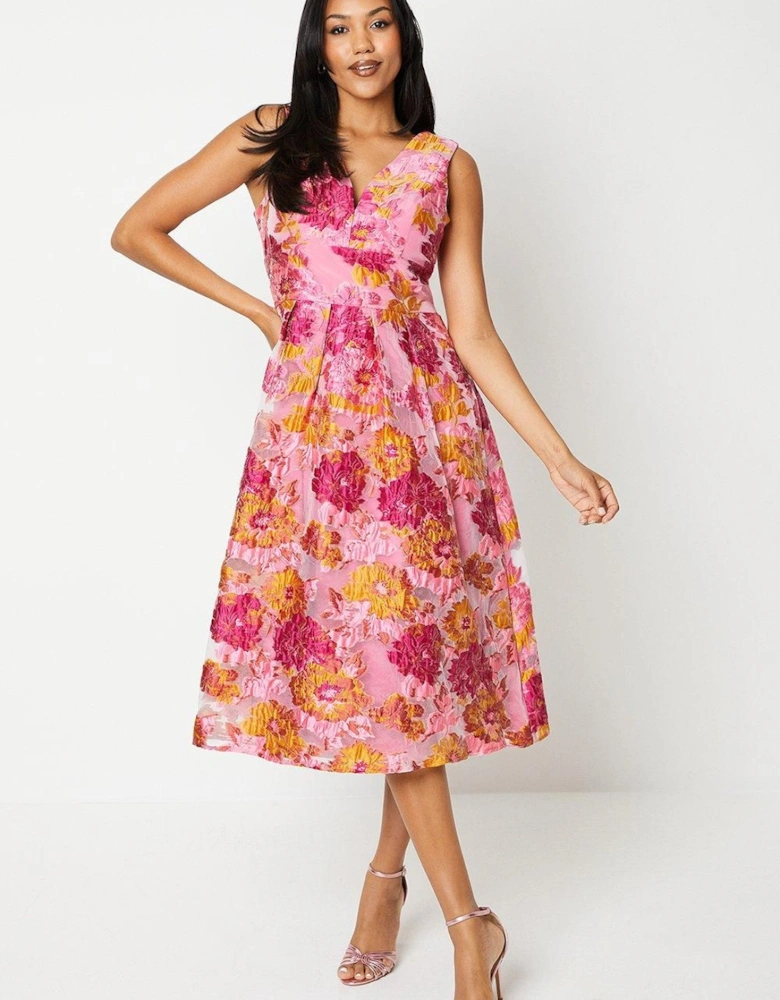 V Neck Jacquard Floral Midi Dress