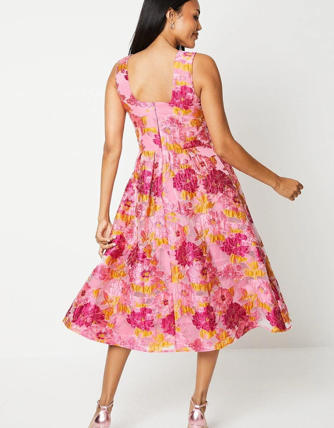 V Neck Jacquard Floral Midi Dress