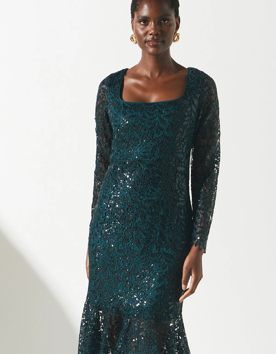 Party Sequin Lace Long Sleeve Midi Dress