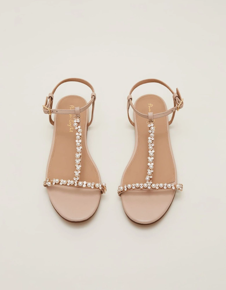 Leather Jewel Trim Flat Sandal