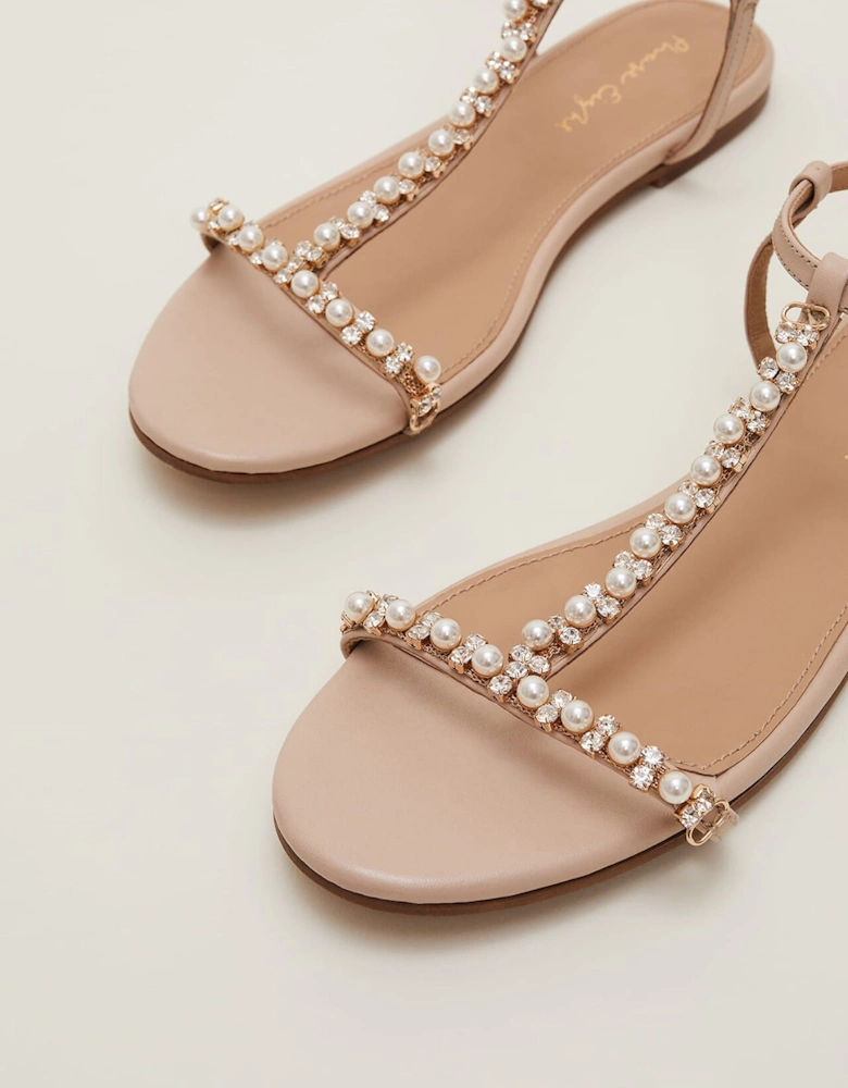 Leather Jewel Trim Flat Sandal