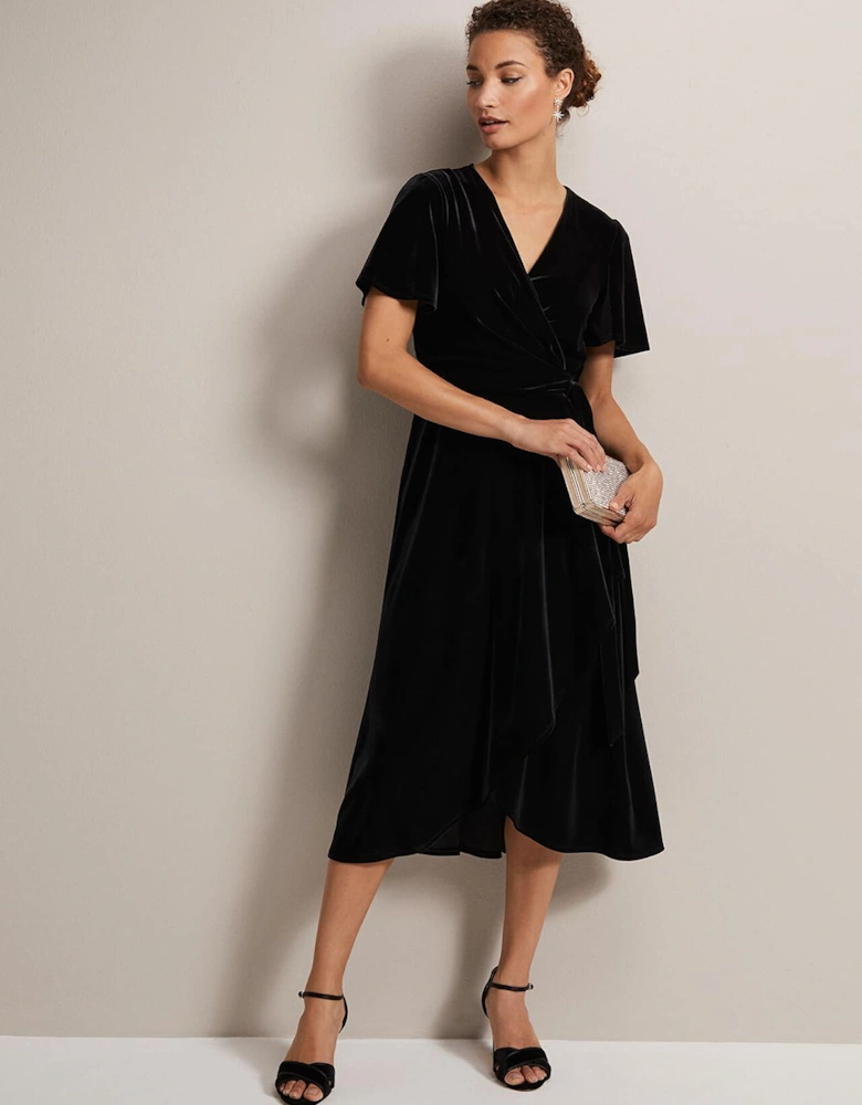 Julissa Velvet Ruffle Wrap Midi Dress