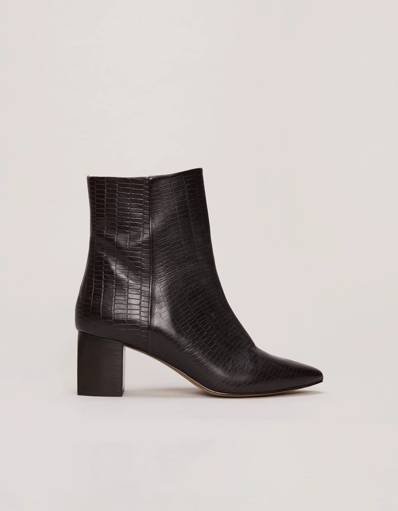 Black Leather Croc Print Ankle Boots