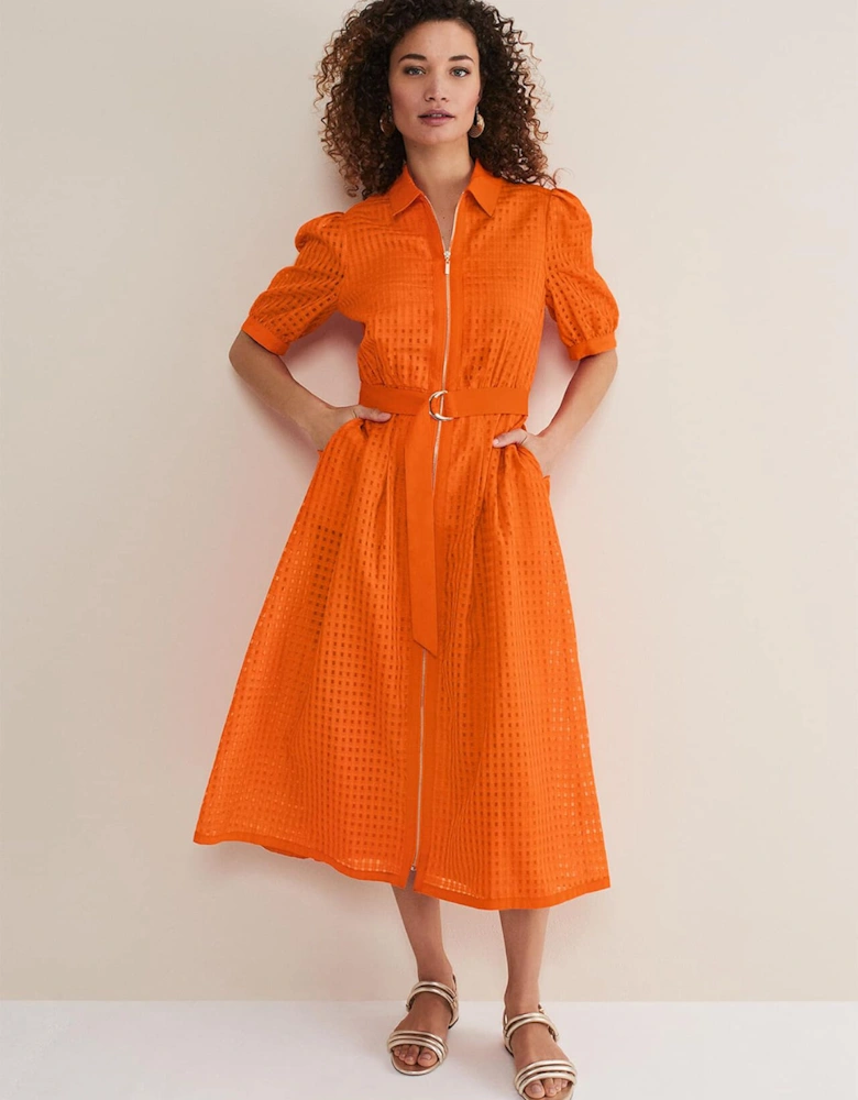 Carey Orange Checked Textured Midi Dress