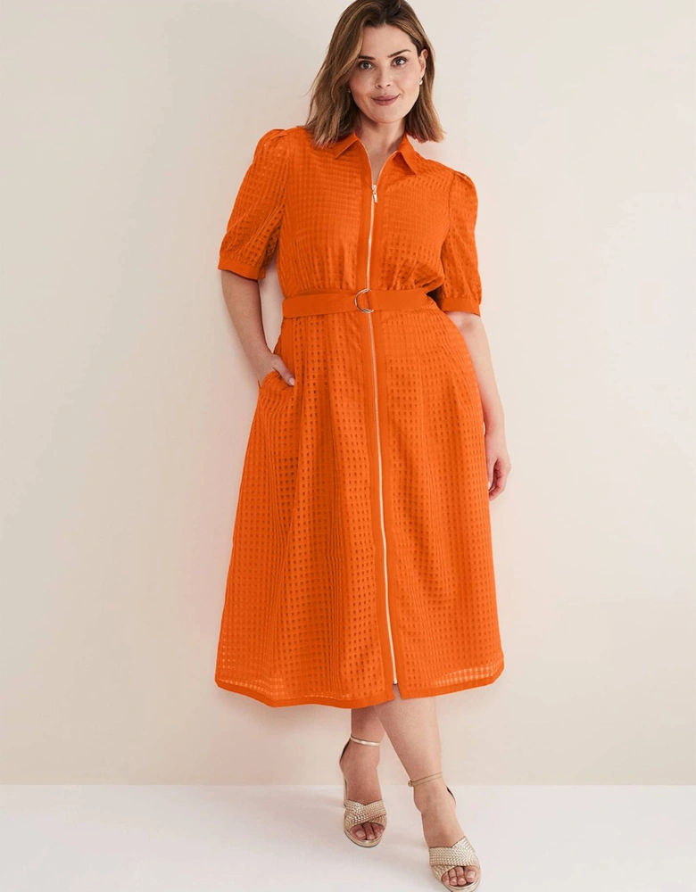 Carey Orange Checked Textured Midi Dress