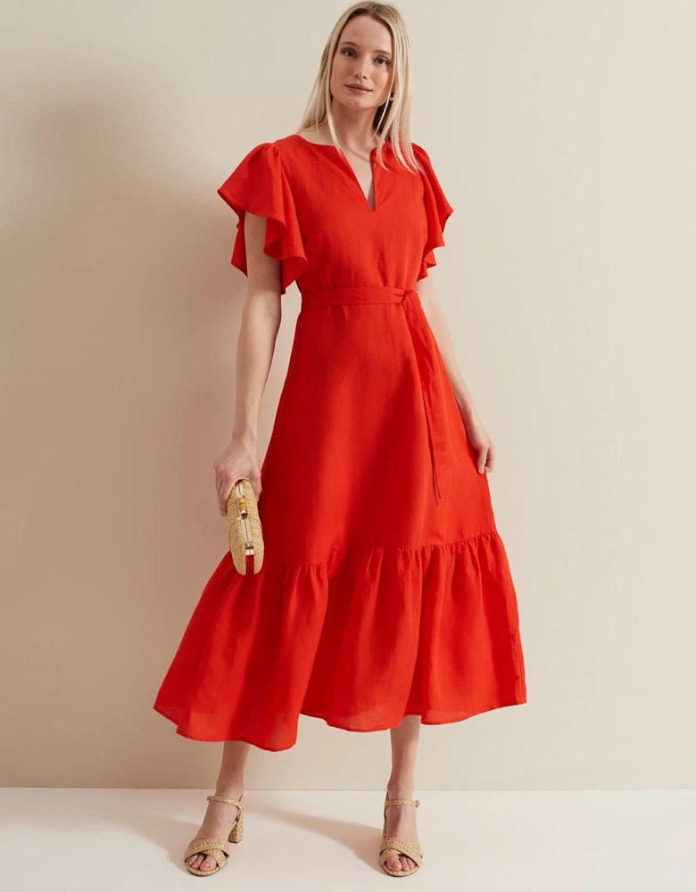 Morgan Red Linen Midi Dress