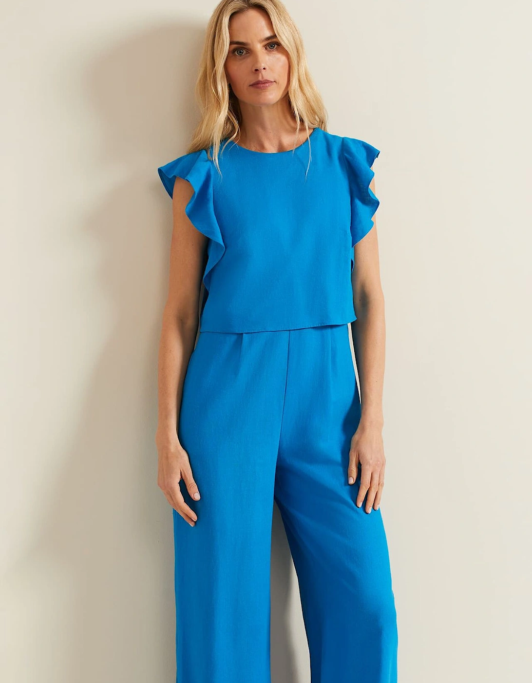 Aubrey Blue Linen Frill Jumpsuit