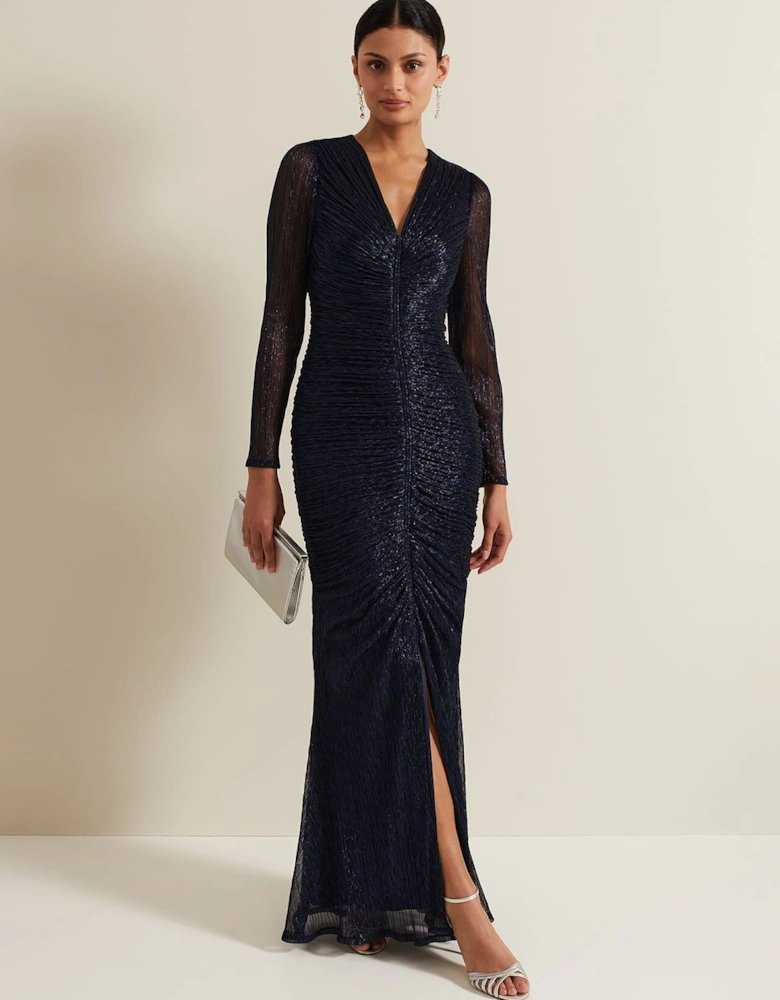 Shannia Ruched Shimmer Maxi Dress