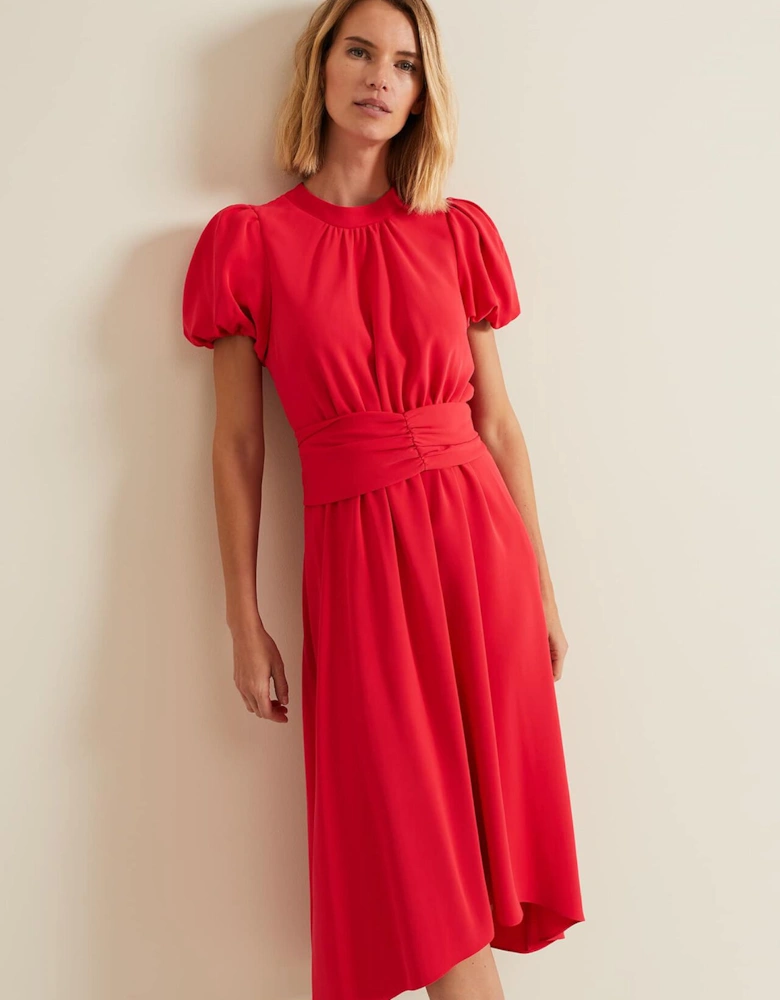 Paulina Coral Puff Sleeve Midi Dress