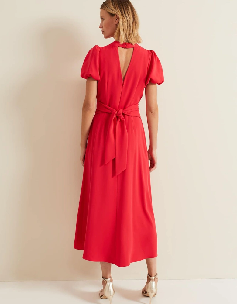 Paulina Coral Puff Sleeve Midi Dress