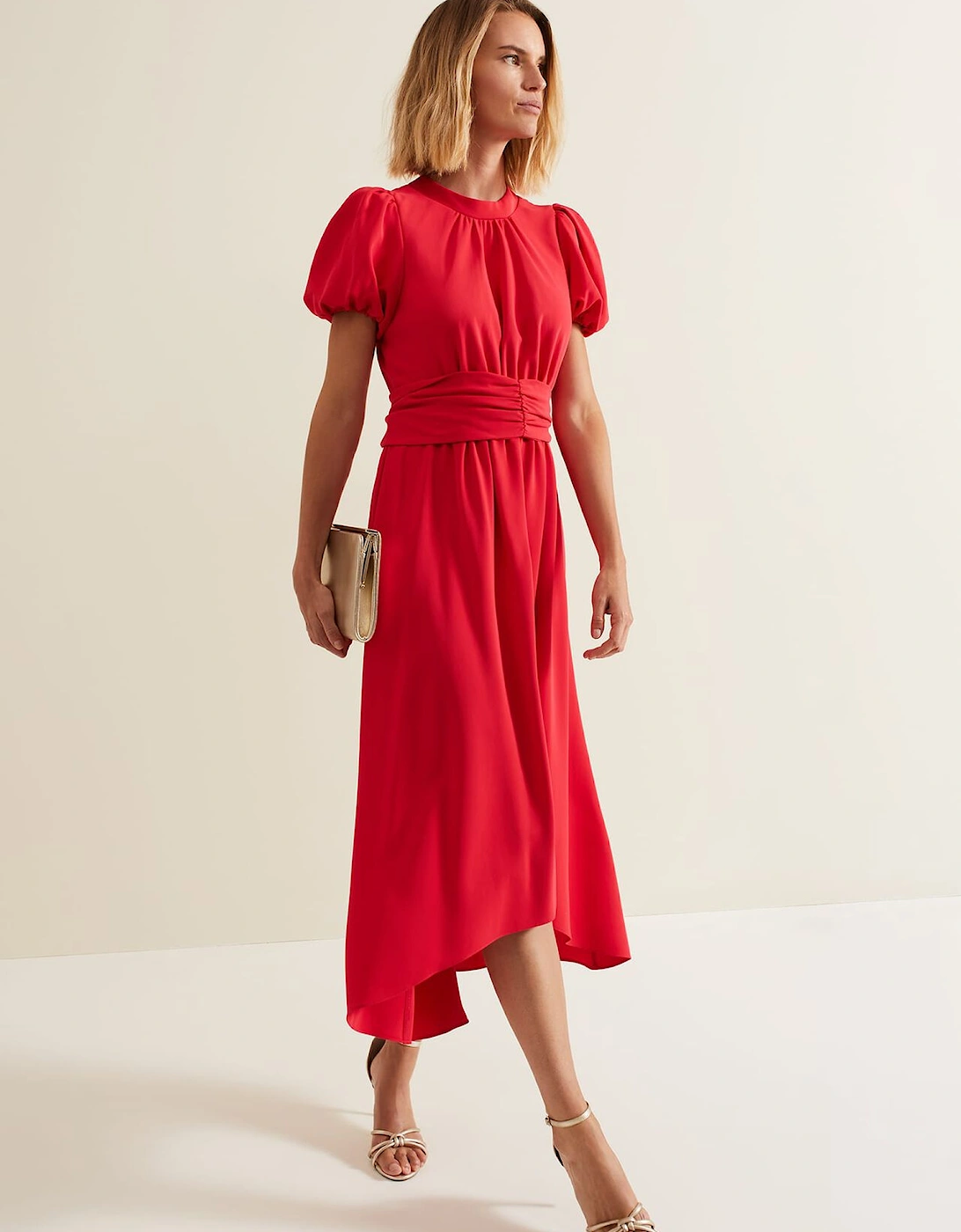 Paulina Coral Puff Sleeve Midi Dress