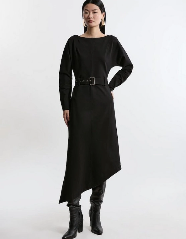 Waterfall Hem Belted Ponte Jersey Maxi Dress