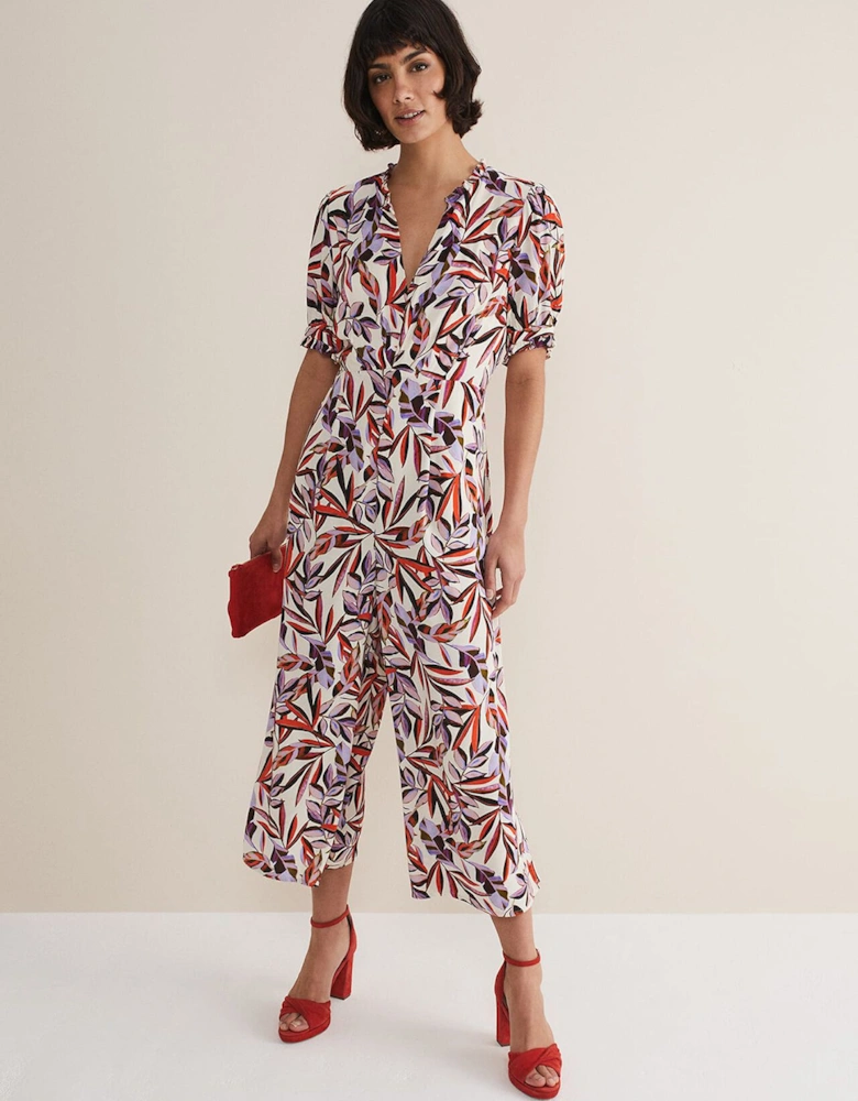 Astrid Leaf Print Cropped Wide Leg Jumpsuit