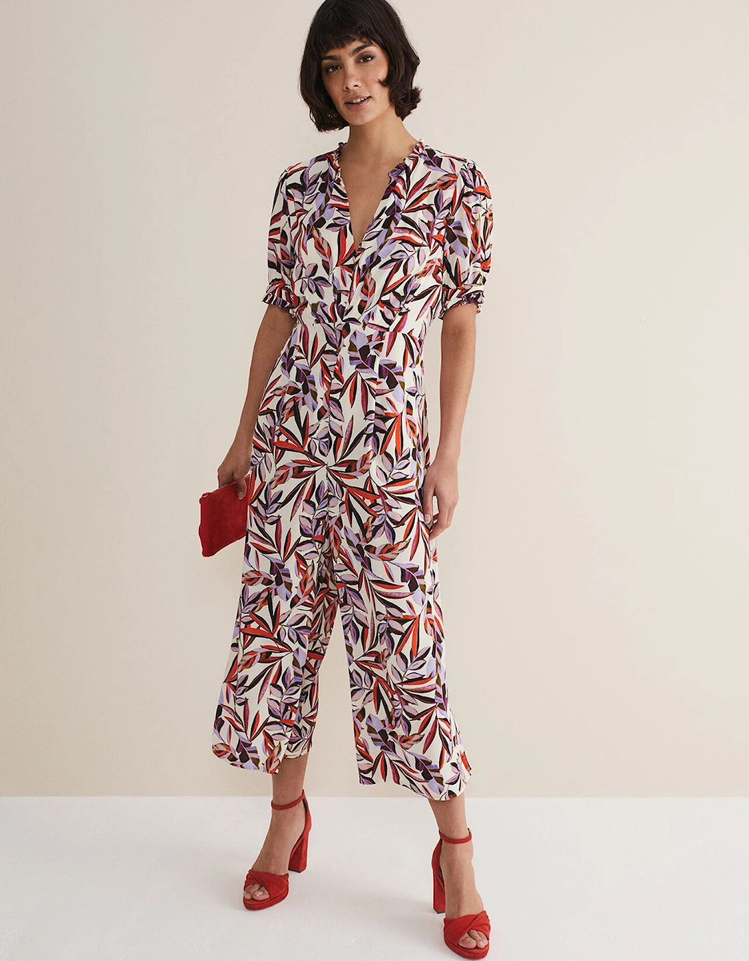 Astrid Leaf Print Cropped Wide Leg Jumpsuit, 7 of 6