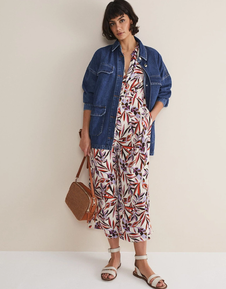 Astrid Leaf Print Cropped Wide Leg Jumpsuit