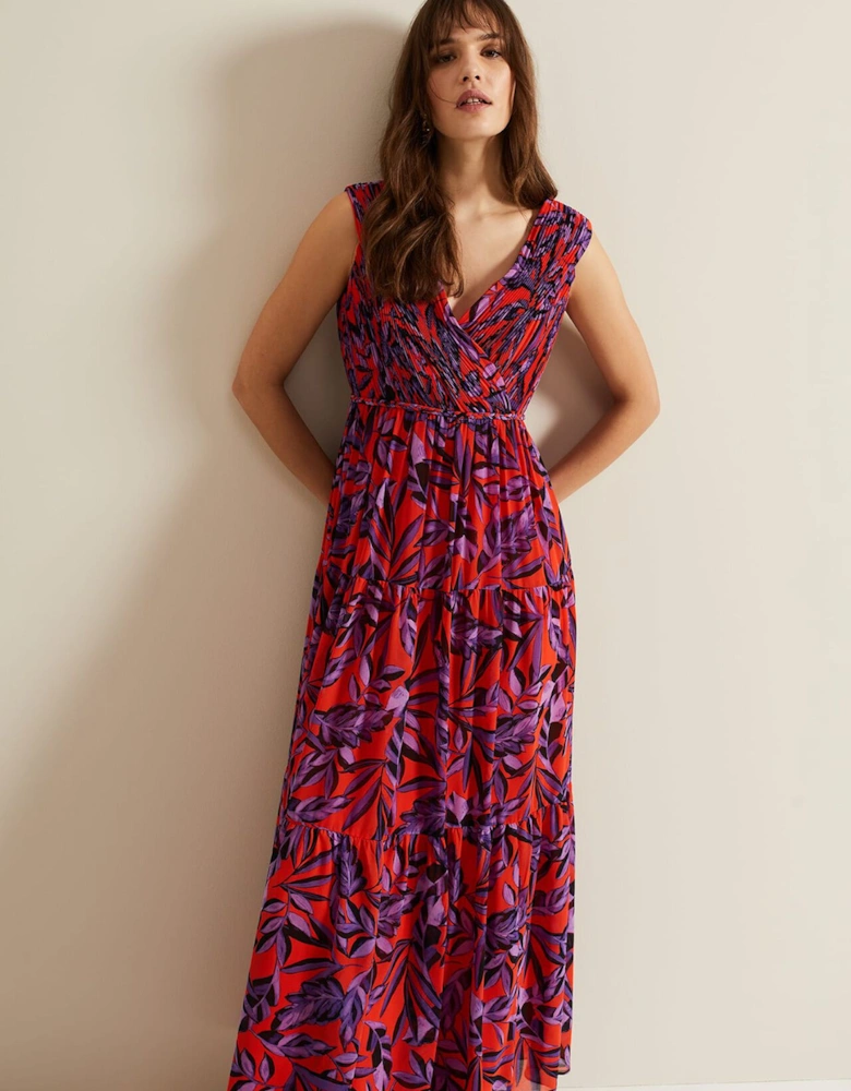 Athena Leaf Print Pleated Maxi Dress