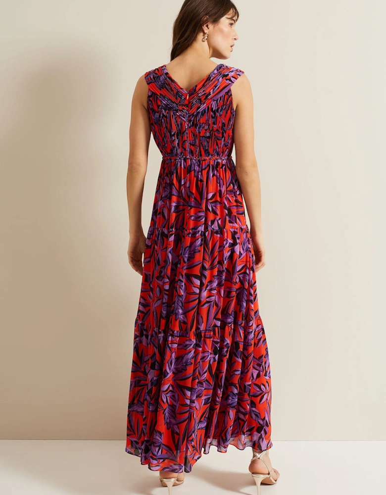 Athena Leaf Print Pleated Maxi Dress