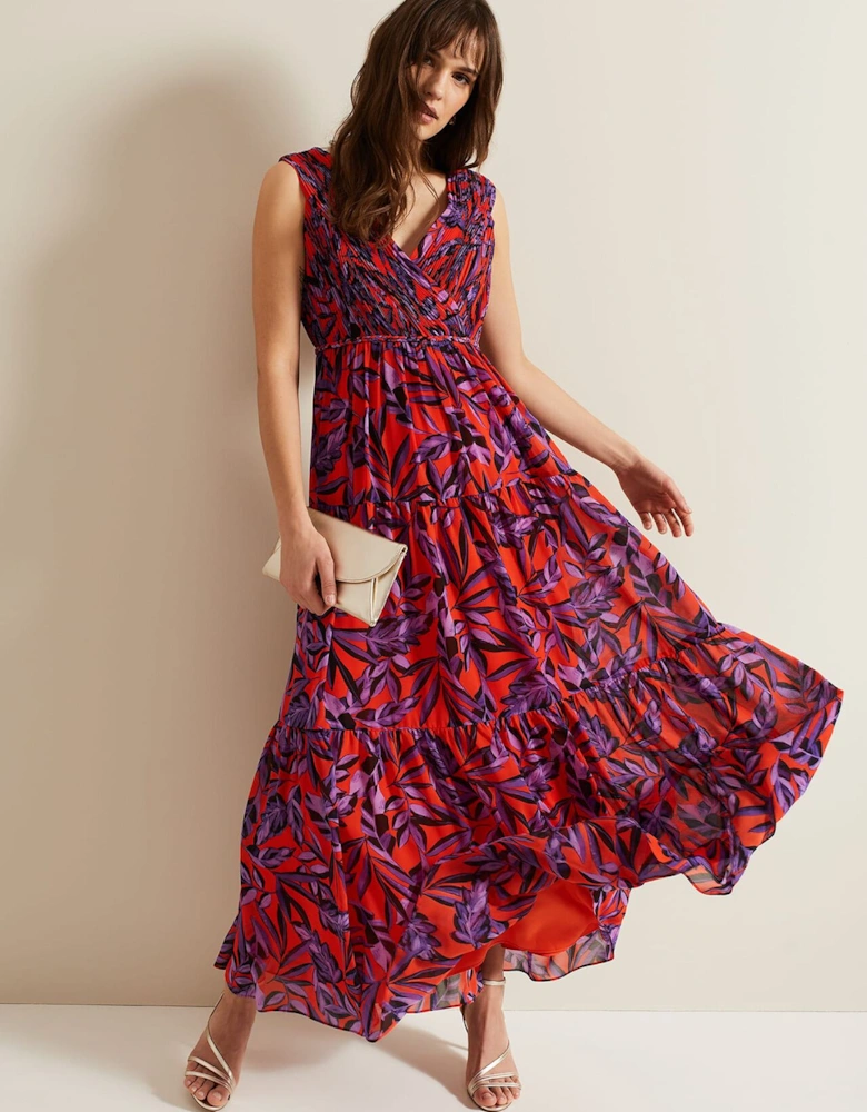 Athena Leaf Print Pleated Maxi Dress