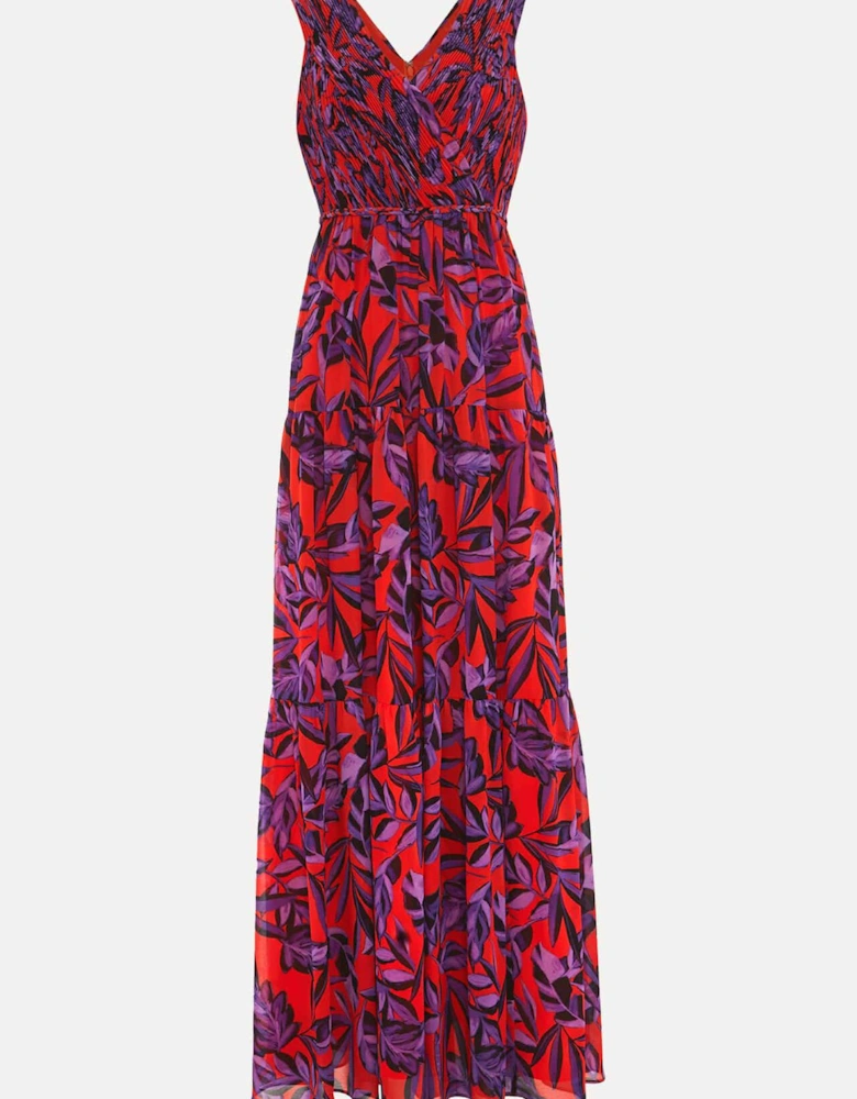 Athena Leaf Print Pleated Maxi Dress