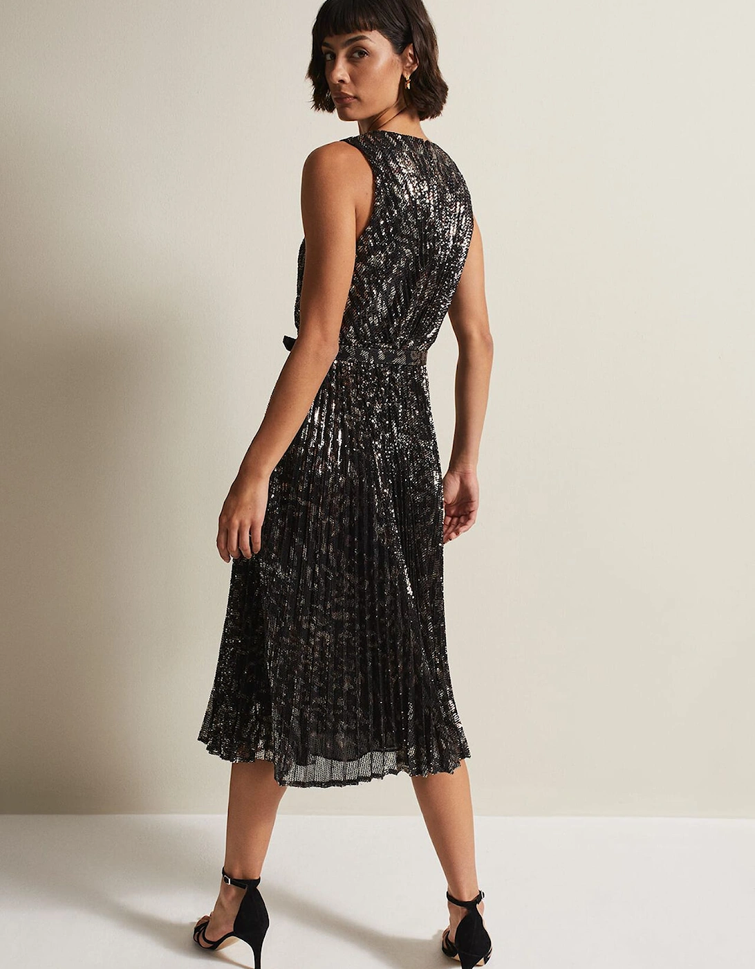 Simara Leopard Sequin Pleated Midi Dress