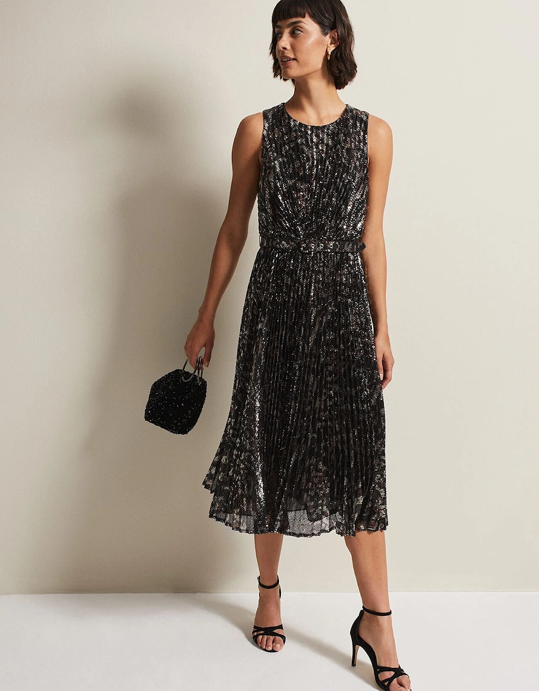 Simara Leopard Sequin Pleated Midi Dress