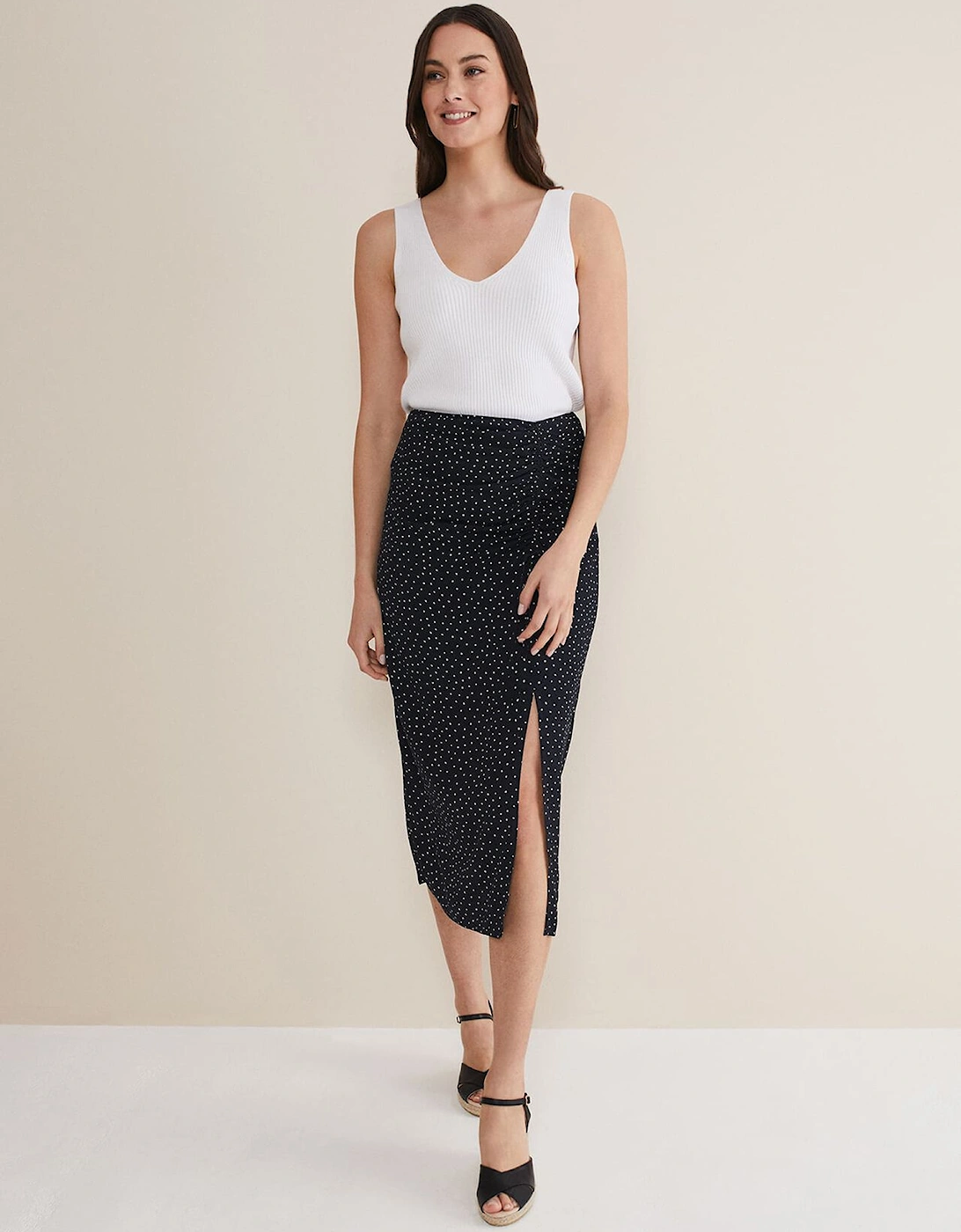 Spot Print Midi Ruched Skirt