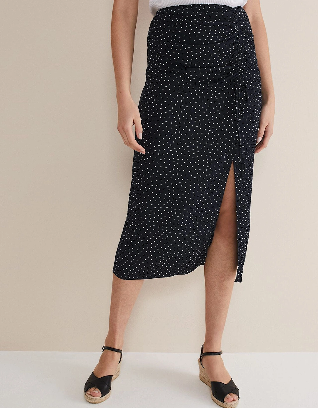 Spot Print Midi Ruched Skirt