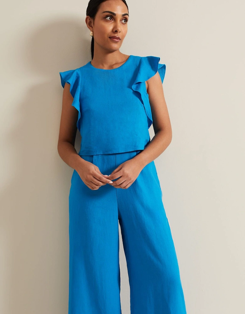 Petite Aubrey Blue Linen Frill Jumpsuit