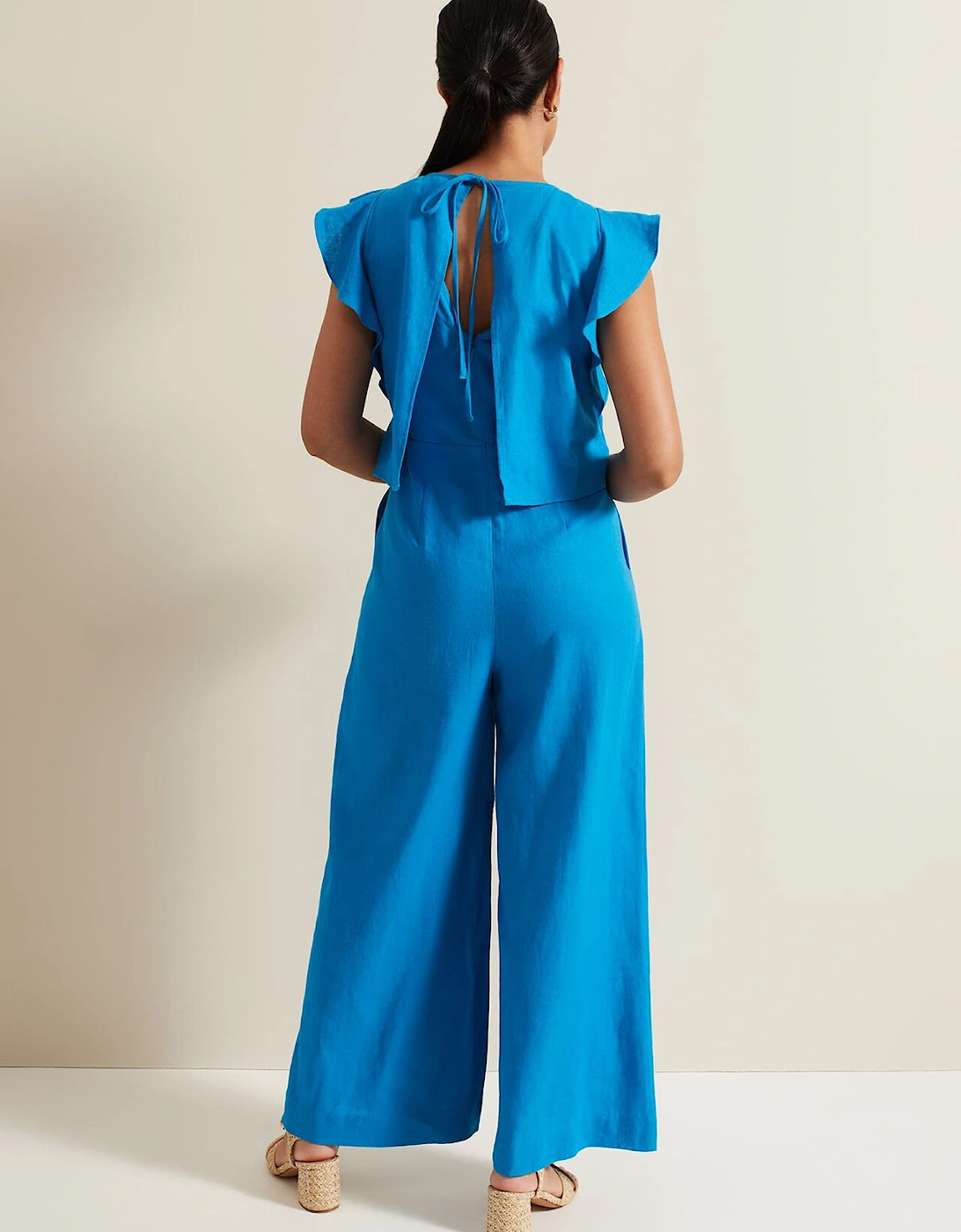 Petite Aubrey Blue Linen Frill Jumpsuit