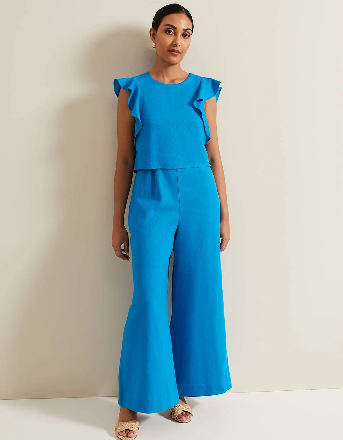 Petite Aubrey Blue Linen Frill Jumpsuit, 8 of 7