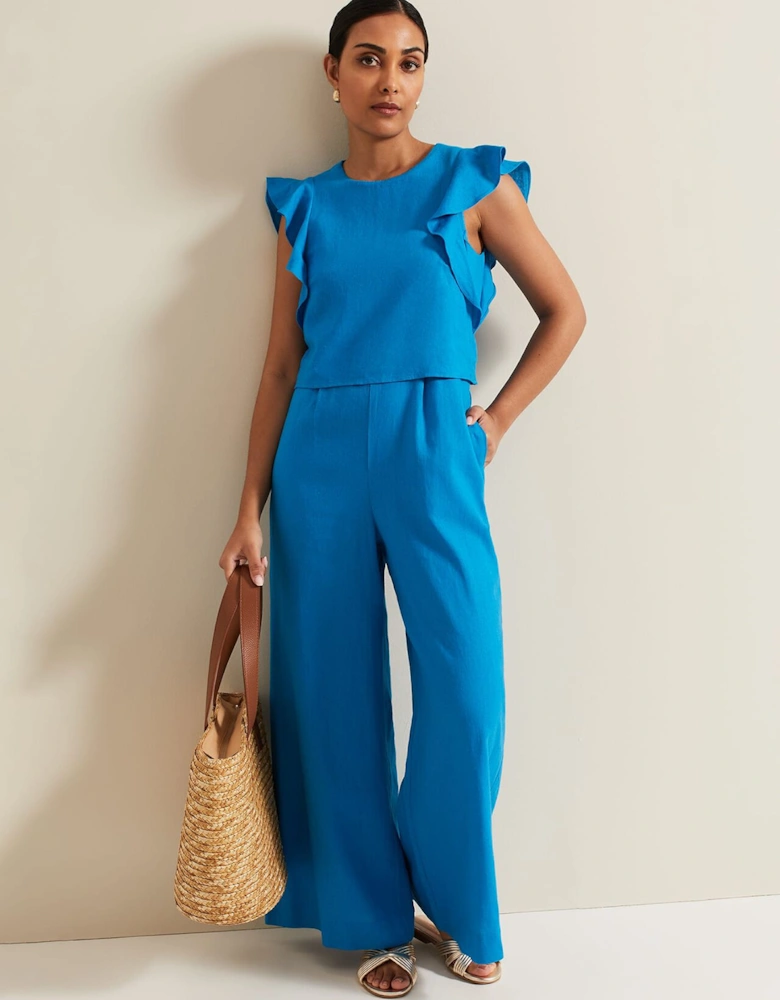 Petite Aubrey Blue Linen Frill Jumpsuit