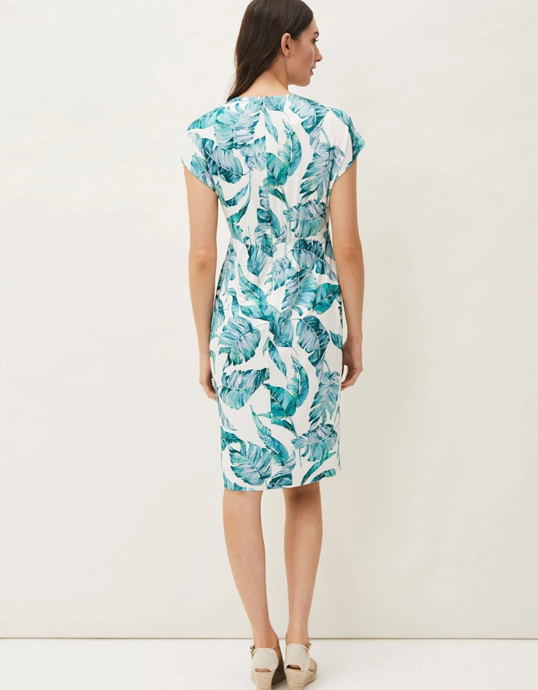 Palms Print Fitted Short Sleeved Jersey Dress