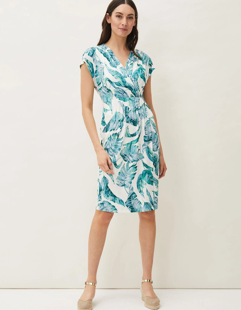 Palms Print Fitted Short Sleeved Jersey Dress