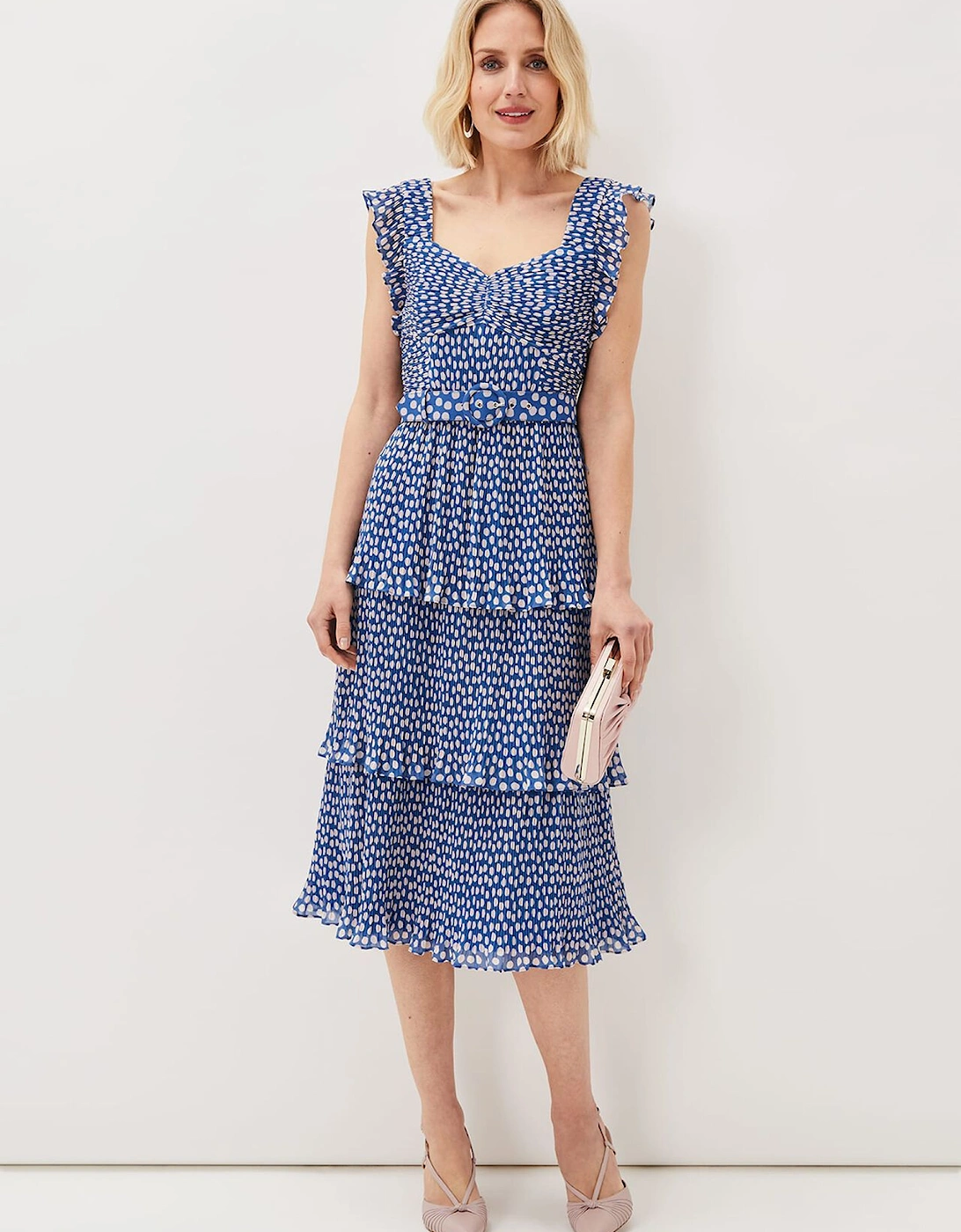 Lisha Spot Pleated Tiered Midi Dress