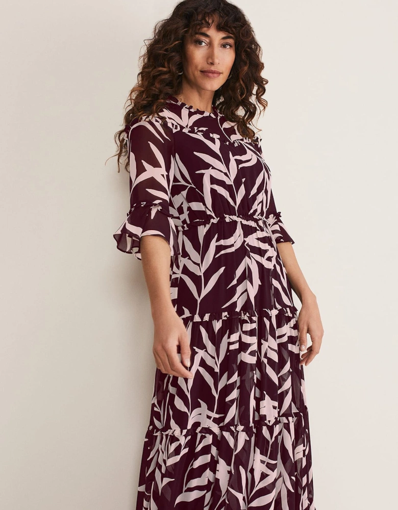 Amber Leaf Print Tiered Dress