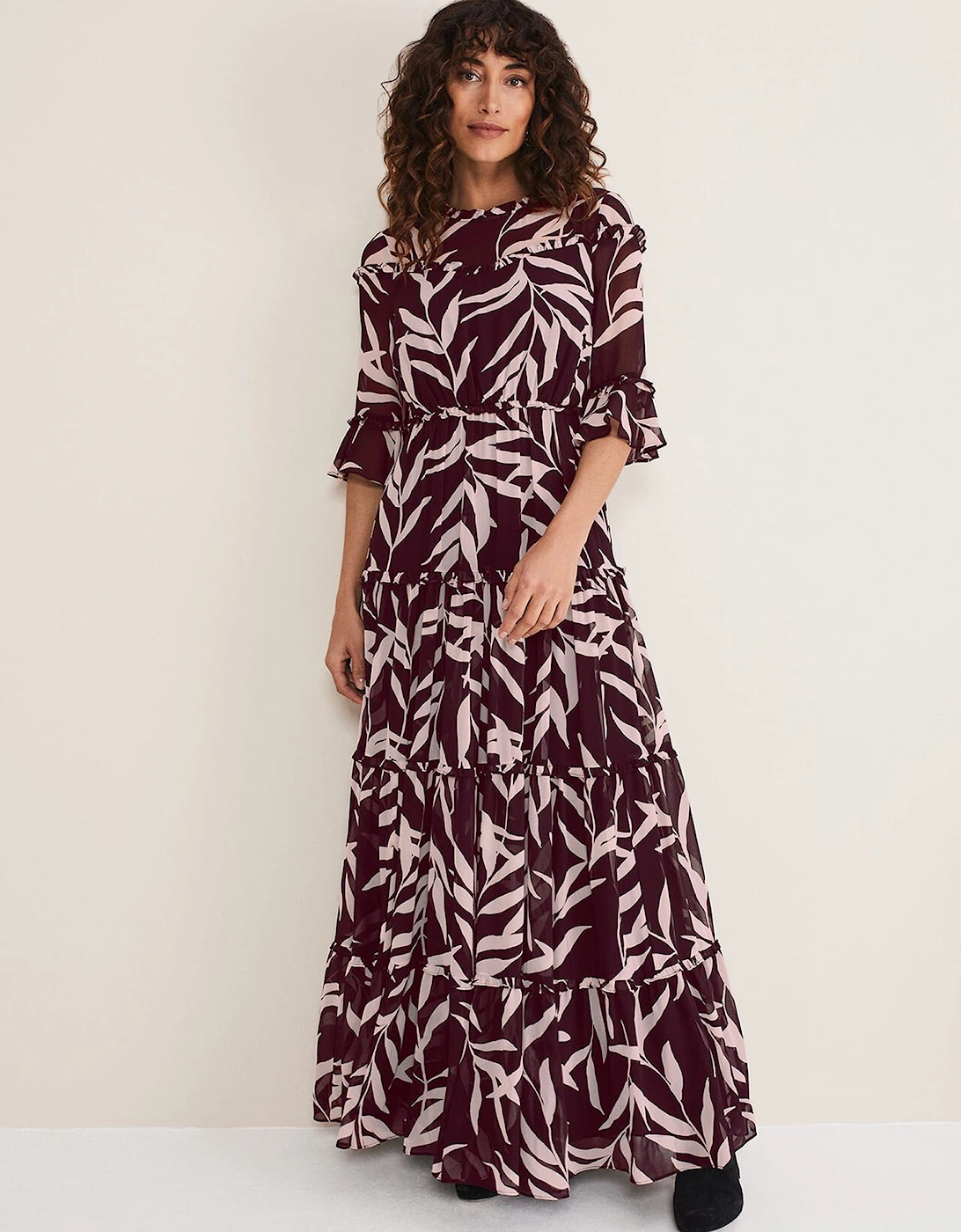 Amber Leaf Print Tiered Dress