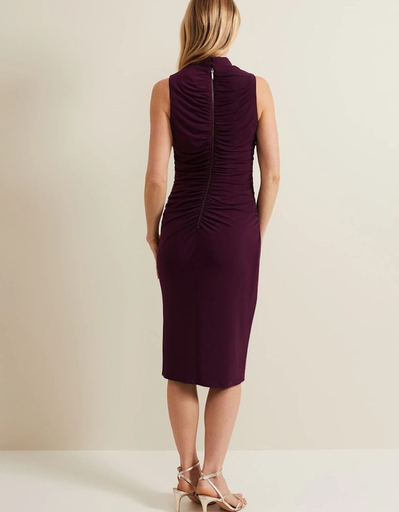 Stefania Burgundy Ruched Midi Dress