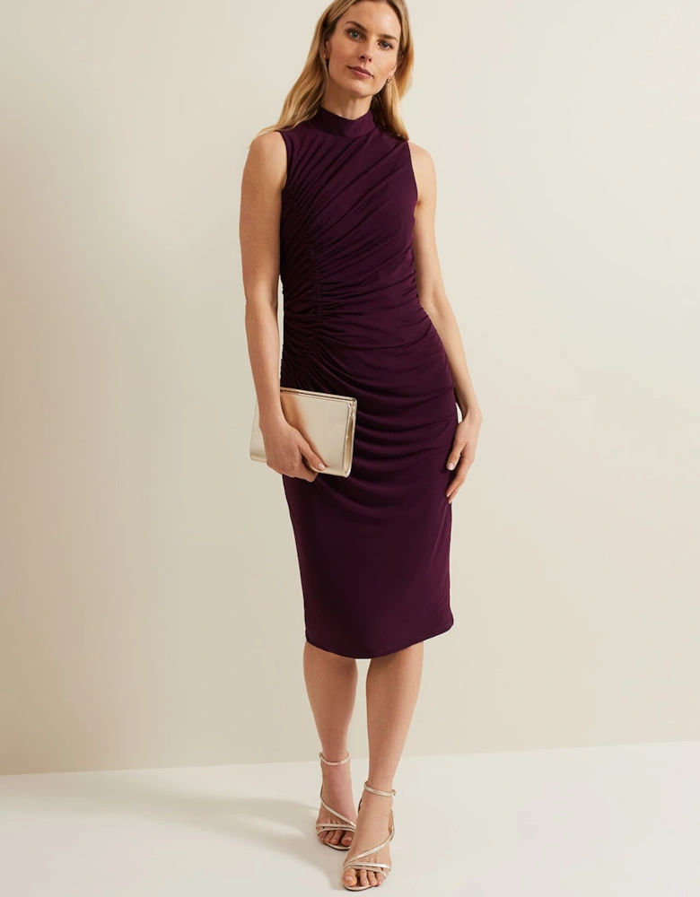 Stefania Burgundy Ruched Midi Dress